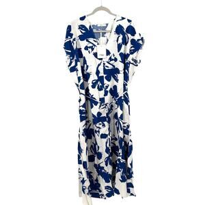 M&V Floral Print Tie Belt Midi Dress in blue white Size L/XL